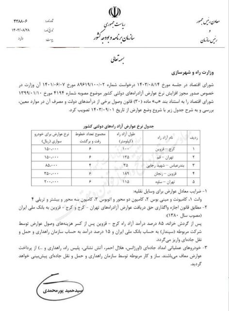 افزایش نرخ عوارض ۵ آزاد راه کشور از اول آذر + لیست نرخ