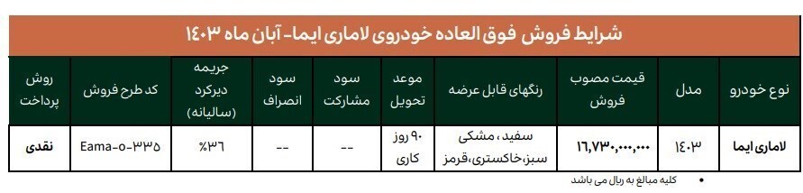 طرح فروش فوری لاماری ایما (آبان ۱۴۰۳)