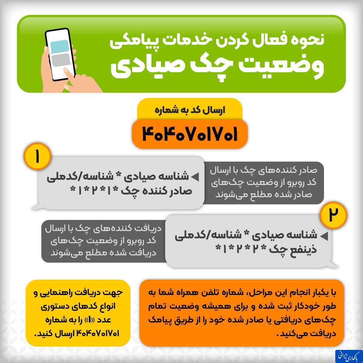 حوه فعال‌سازی خدمات پیامکی وضعیت چک صیادی